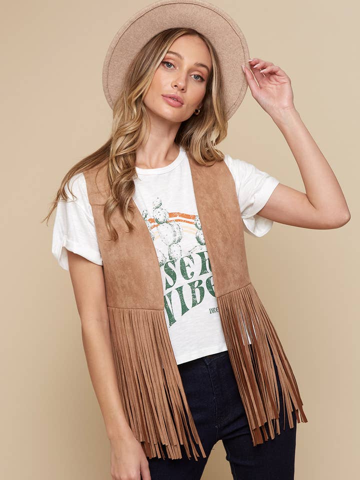 Saints & Hearts – Engroshandel Vest - Dame – SIJ5200A TAN | VESTLIG VEST MED FRYNSER MED ÅBEN FRONT