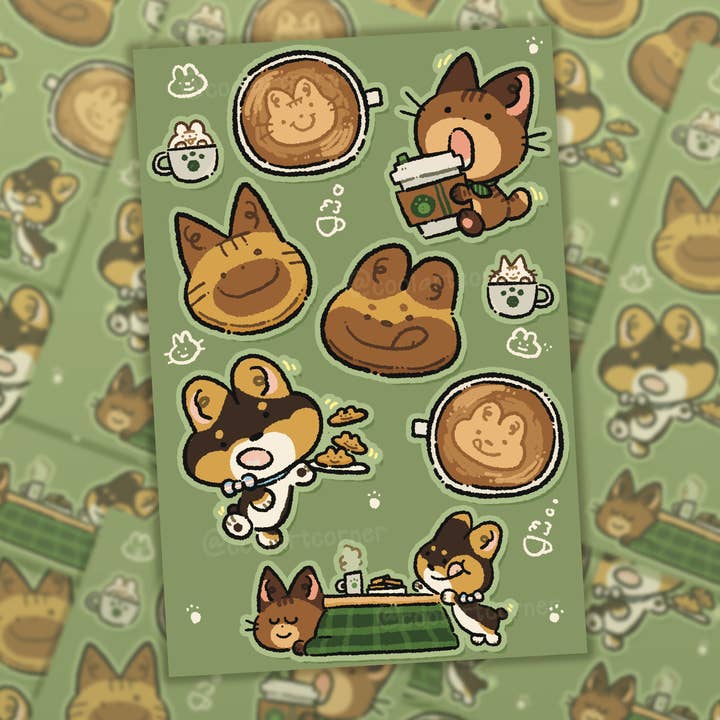 Bean-Bean and JoJo Cozy Cafe Sticker Sheet for wholesale by Cool Art Corner