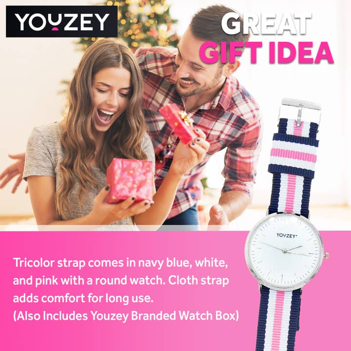 Rosa, blanco y negro Reloj con Correa de Nylon a Rayas Rosa Preppy/Azul Marino de venta al por mayor en Faire