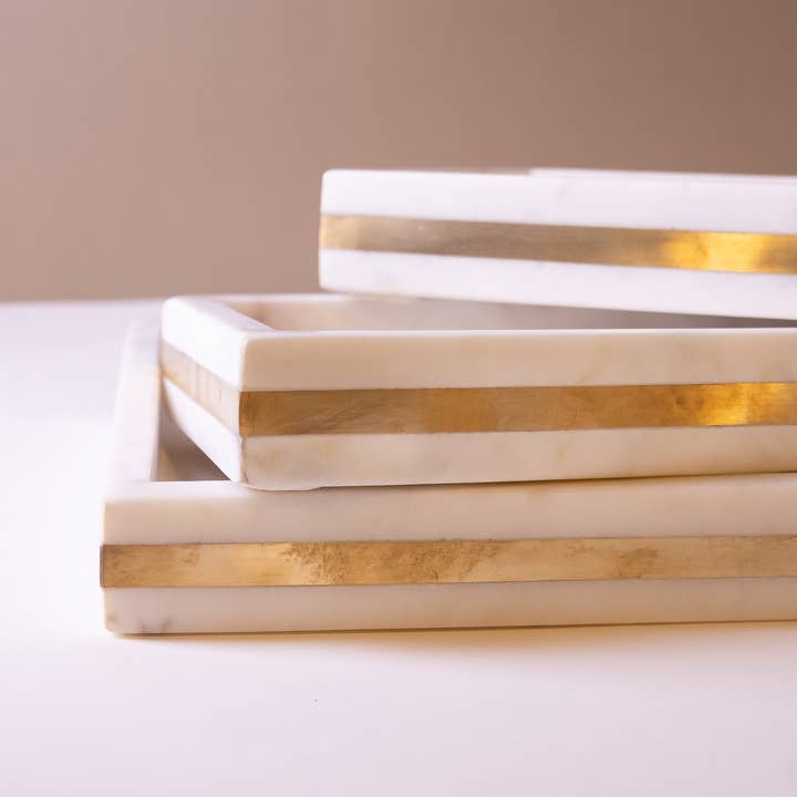 Sm. White Marble Tank Tray w/ Brass Inlay 12"x6" for wholesale on Faire