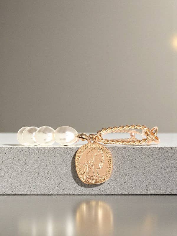 ETCHED COIN DANGLE HALF PEARL HALF CHAIN BRACELET for wholesale by LA Bijoux