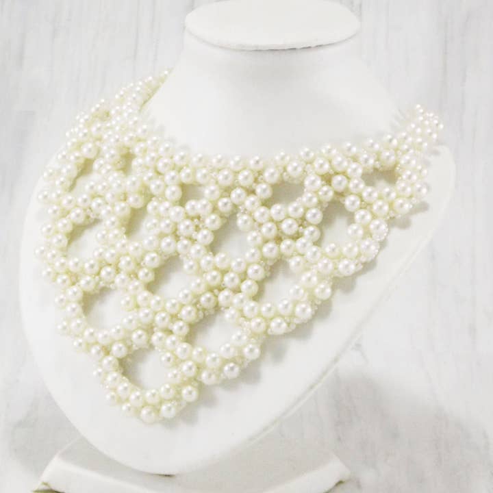 White Pearl Beaded Embroidered Statement Necklace for Women Springtime Party for wholesale by Ninolia