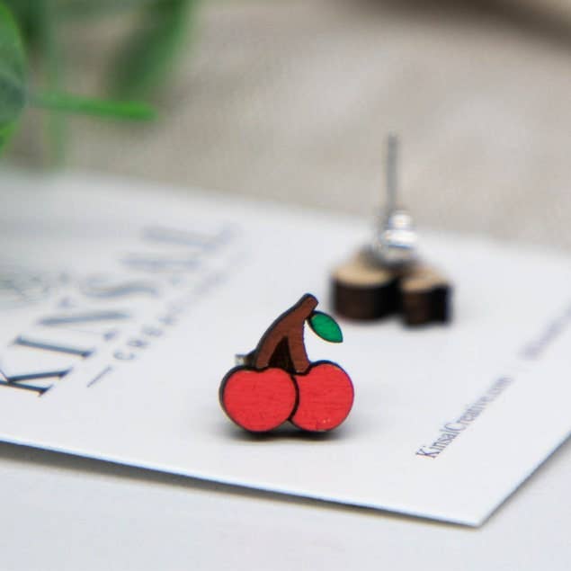 Kinsal Creative - Wholesale Stud/Post Earrings - Cherry Wood Stud Earrings