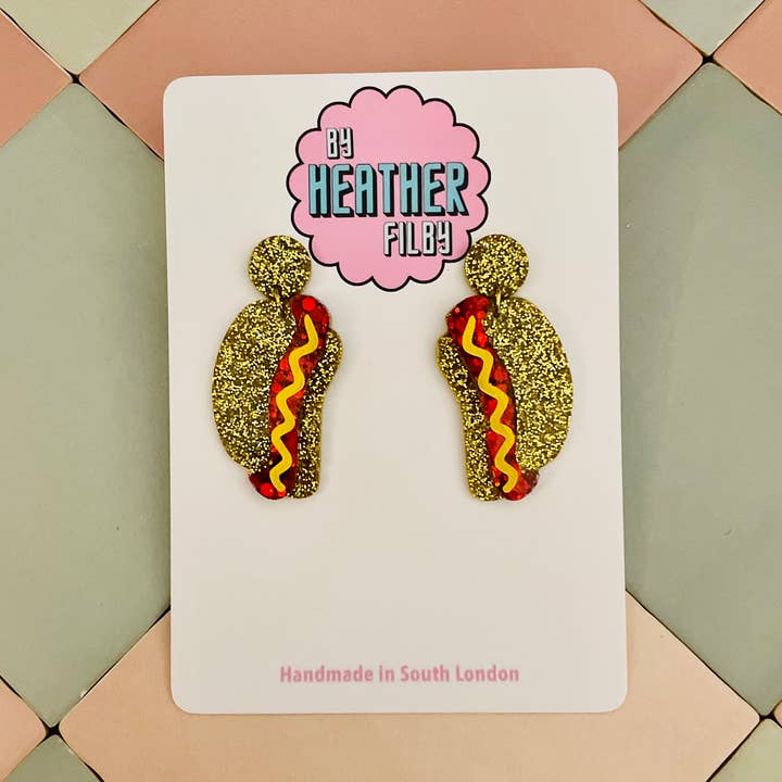 Hot Dog Glitter Resin Earrings for wholesale by By Heather Filby