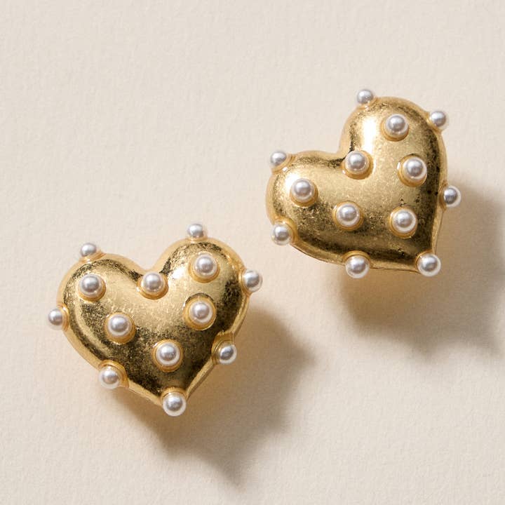 Pearl Studded Heart Earrings – Cute Valentine’s Day Statement Studs for wholesale by Frem