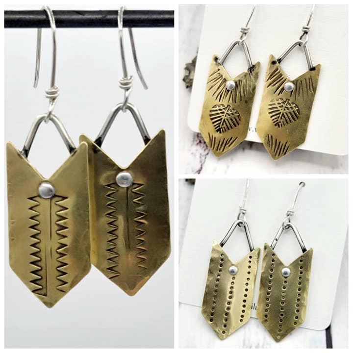Boho Arrow Earrings - Handstamped Brass & Sterling Silver for wholesale by Verdilune