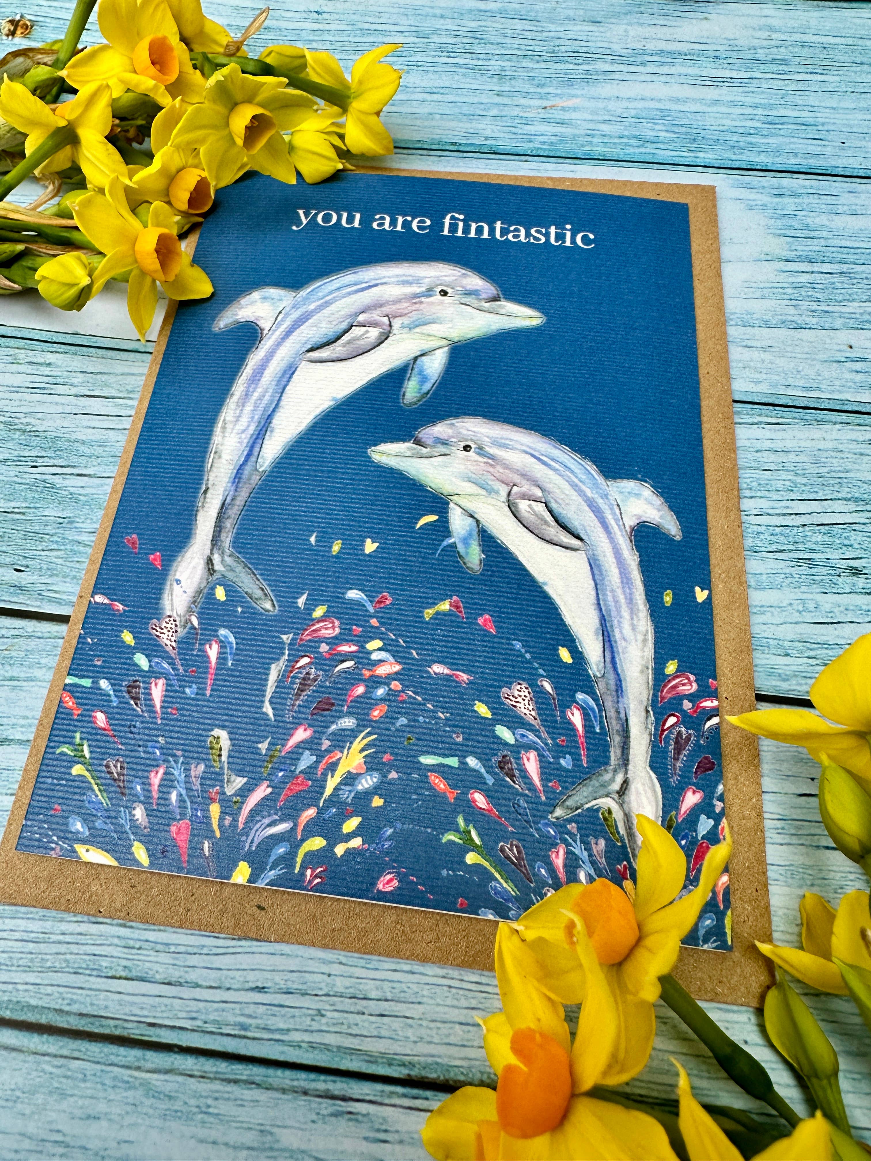Jen Winnett Eco Artist - Wholesale Everyday Greeting Card - Fintastic Dolphin | Eco Friendly Card Cute Colourful Sea2