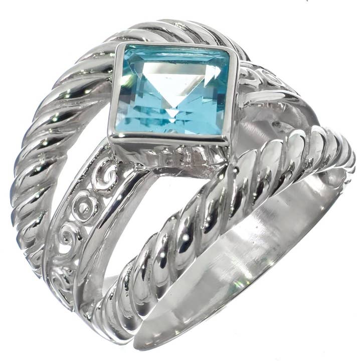 Bague en argent sterling 925 à trois bandes avec câble et topaze bleue, 17 mm pour la vente par FifiRose