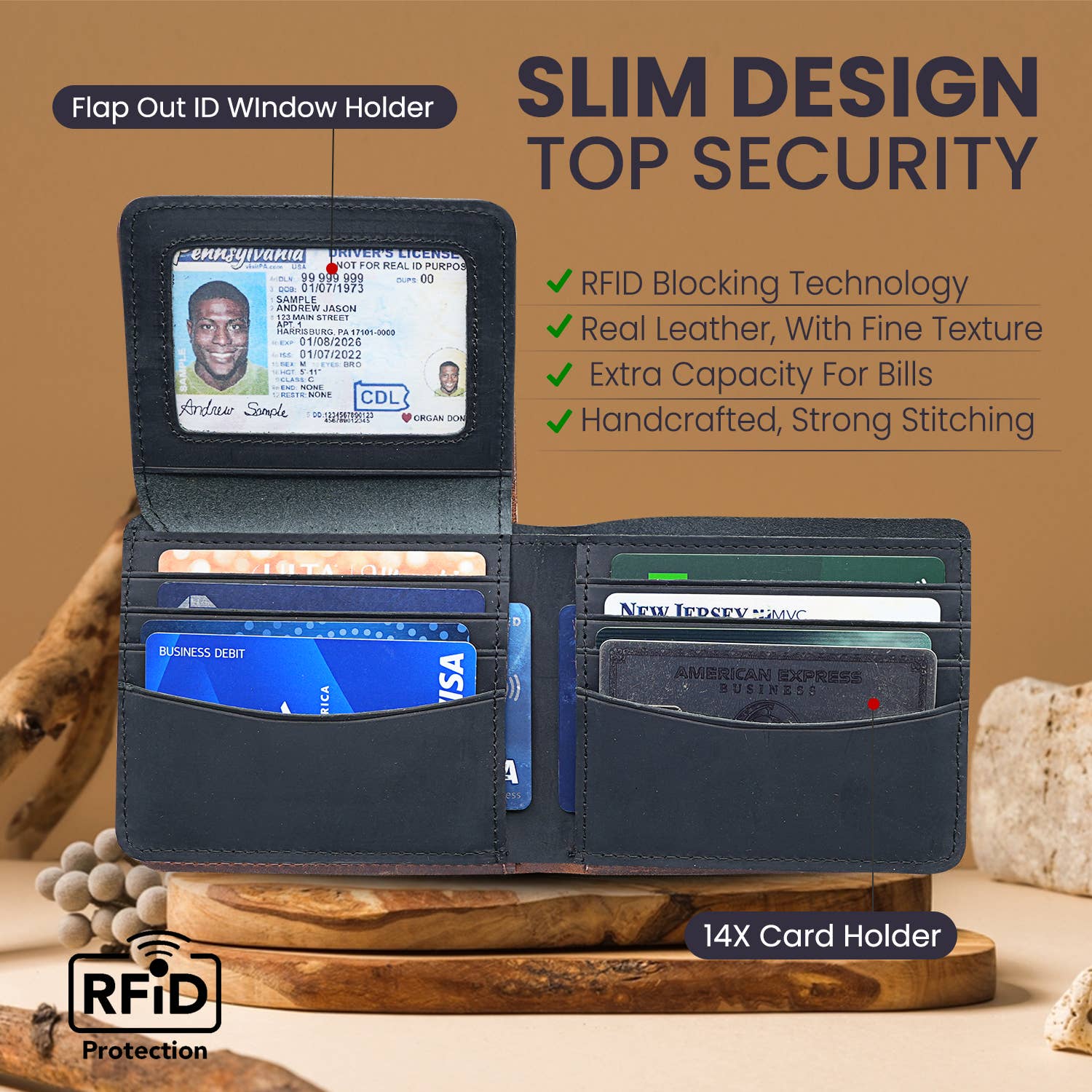 American Leather Goods - Wholesale Wallet - Men's - Genuine Leather Wallet for Men with Flap out ID Window11