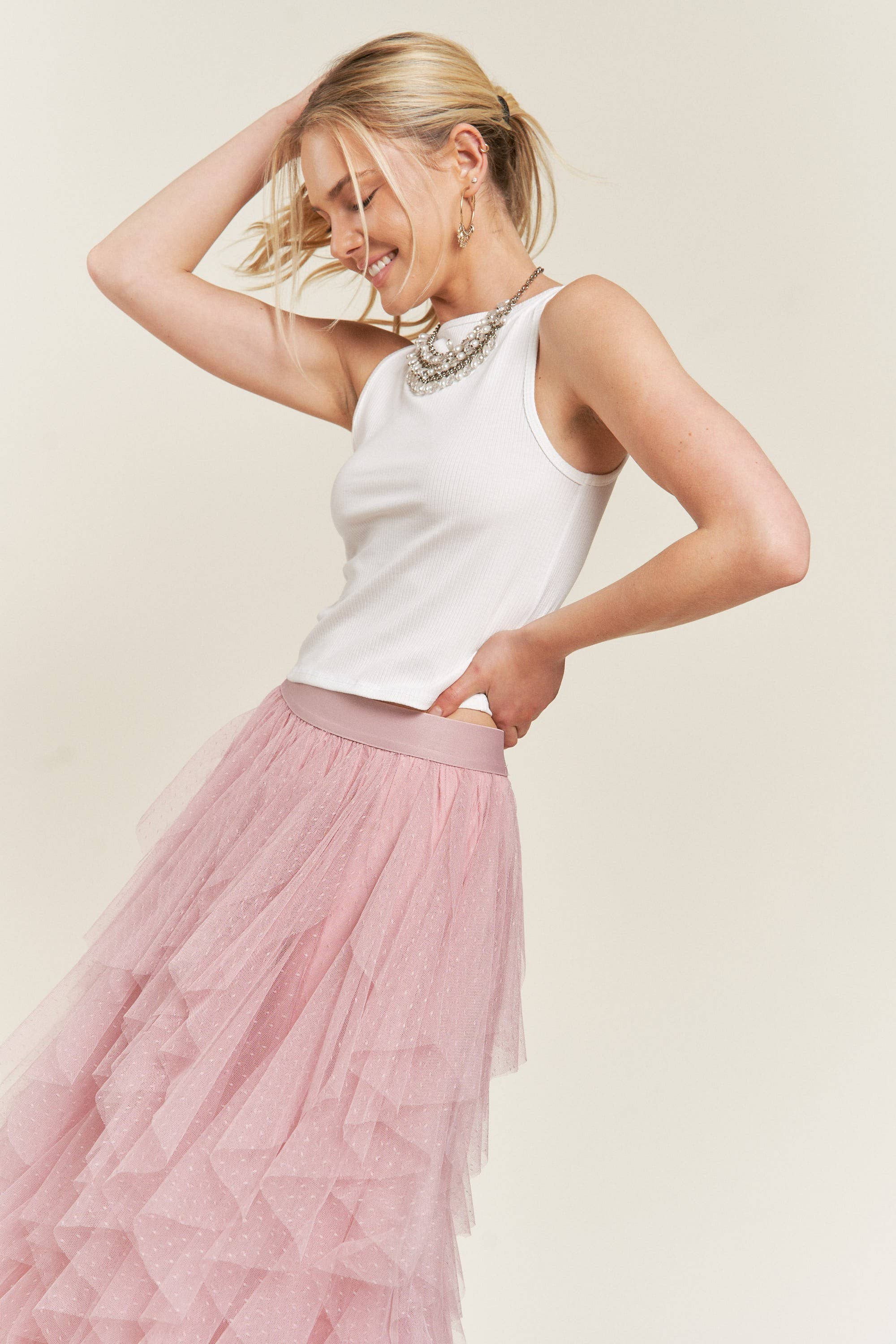 JADE BY JANE - Vendita all'ingrosso Gonna - Donna - Gonna midi a linea A con balze in tulle a pois e fodera8
