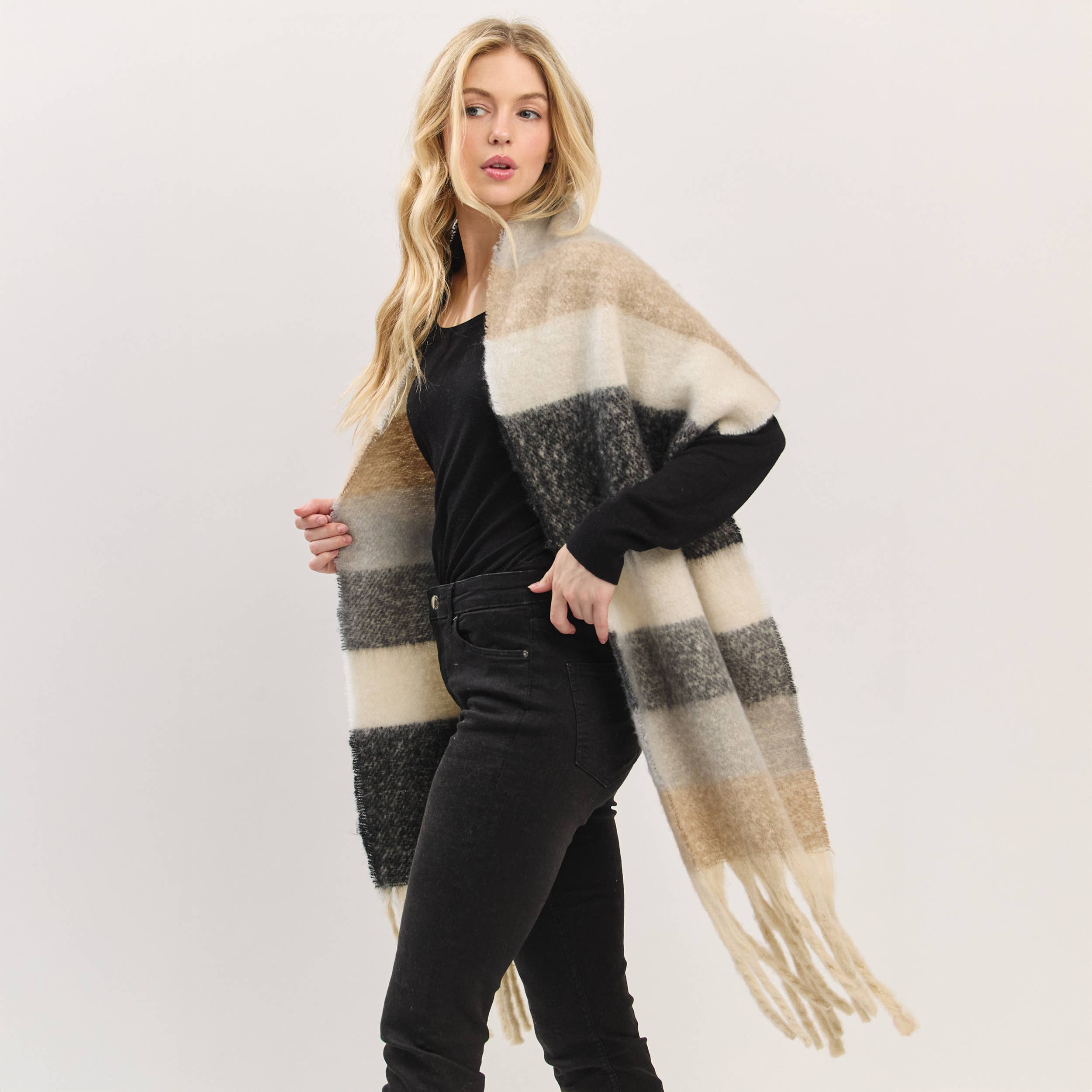 Hana - Wholesale Scarf - Women's - Multi Color Striped Brushed Fringed Winter Scarf8