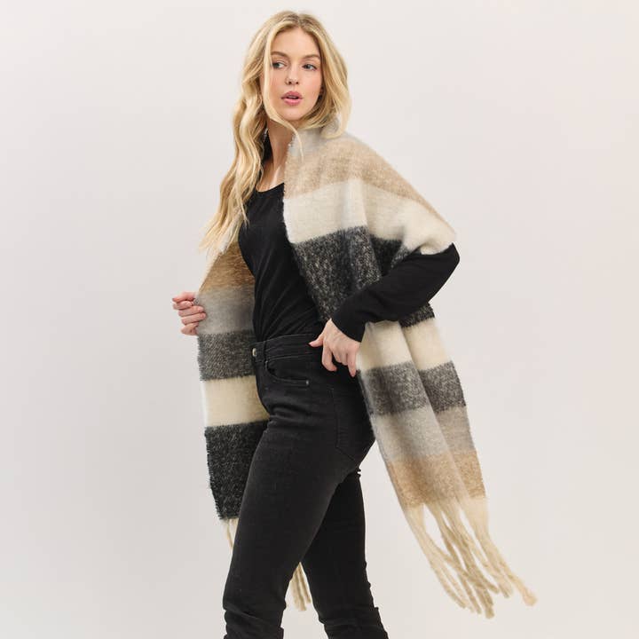 Hana - Wholesale Scarf - Women's - Multi Color Striped Brushed Fringed Winter Scarf8