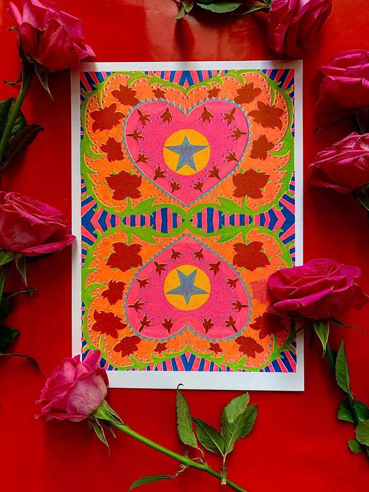 A4 Bright Heart Risograph Print, Farverig kunst, Positiv kunst for engroshandel hos Mahin Hussain