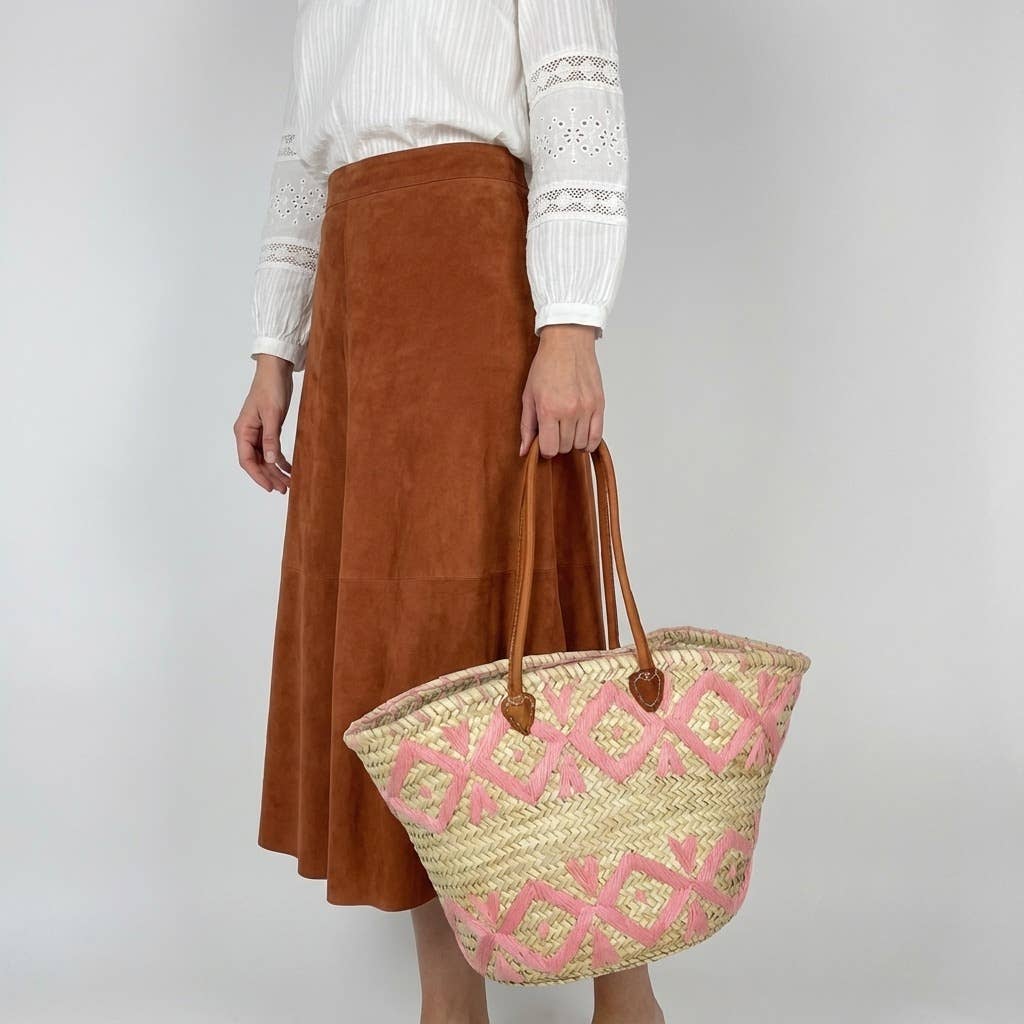 Melecraft - Vente Paniers - Cabas de marché en paille brodé d'arabesques avec poignées en cuir3