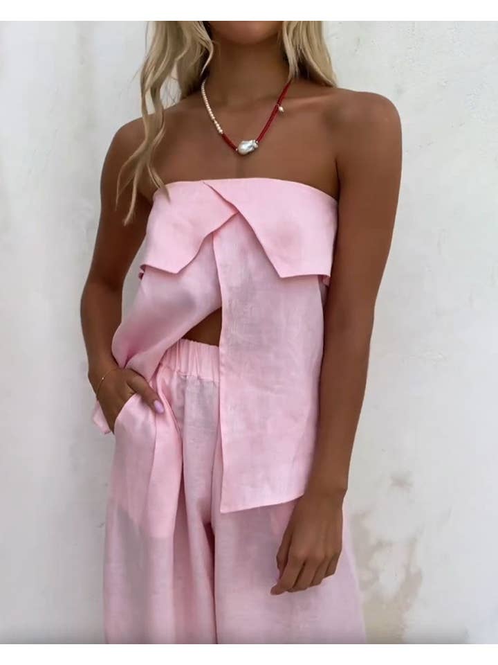 Chicto - Wholesale Set met top en broek (GEEN Loungewear) - Dames - Casuale effen kleur straploze split top & broek tweedelig set5