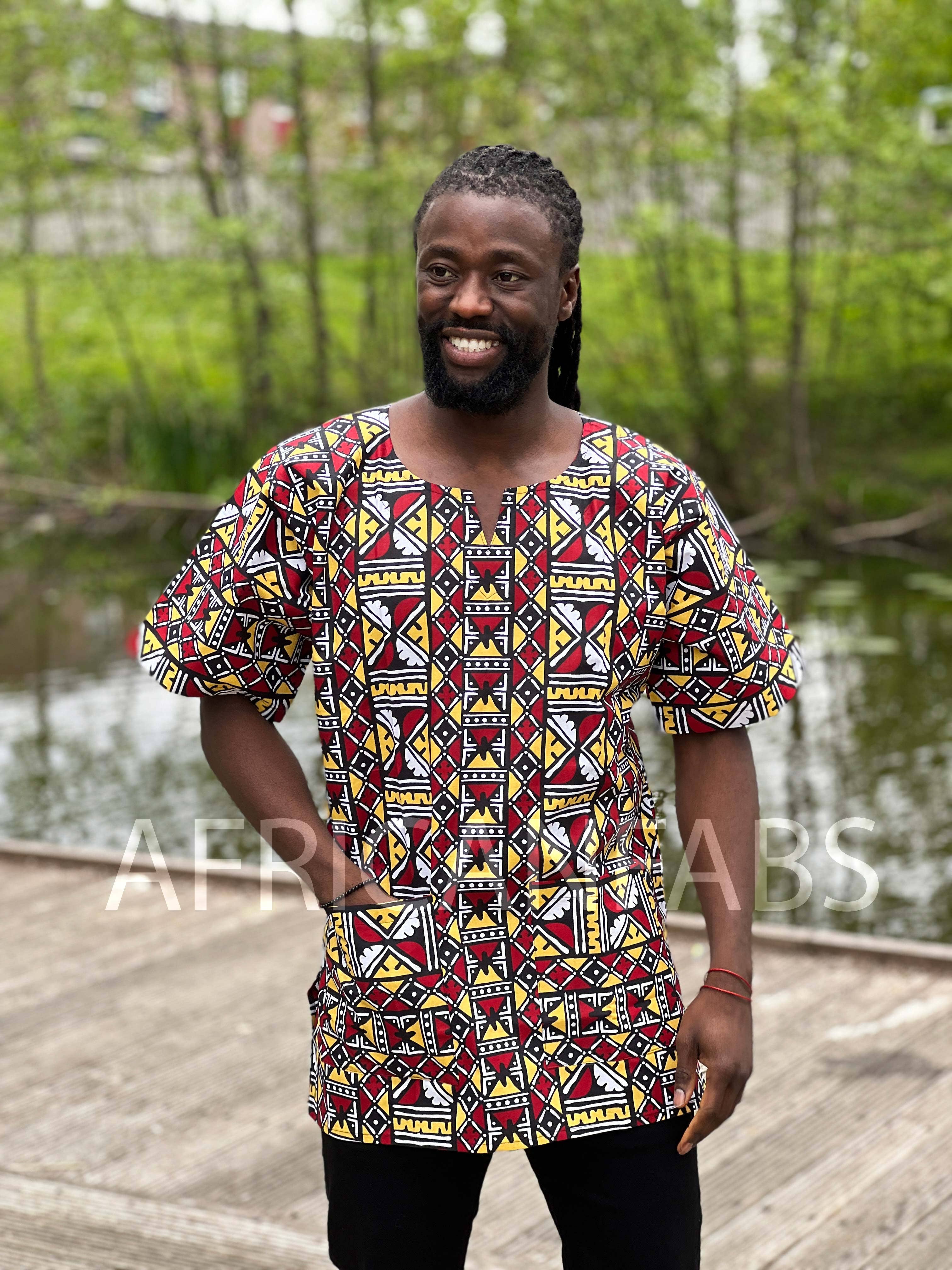 AfricanFabs - Wholesale Button Down Shirt - Unisex - Beige / white Bogolan Dashiki Shirt / Dashiki Dress - African print top - Unisex0