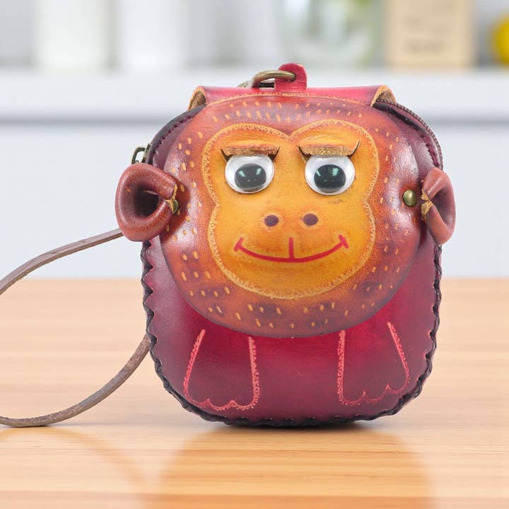 Sunflower Handmade leather inc - Vendita all'ingrosso Braccialetti - Portamonete a polsino in pelle fatta a mano a forma di scimmia E5391