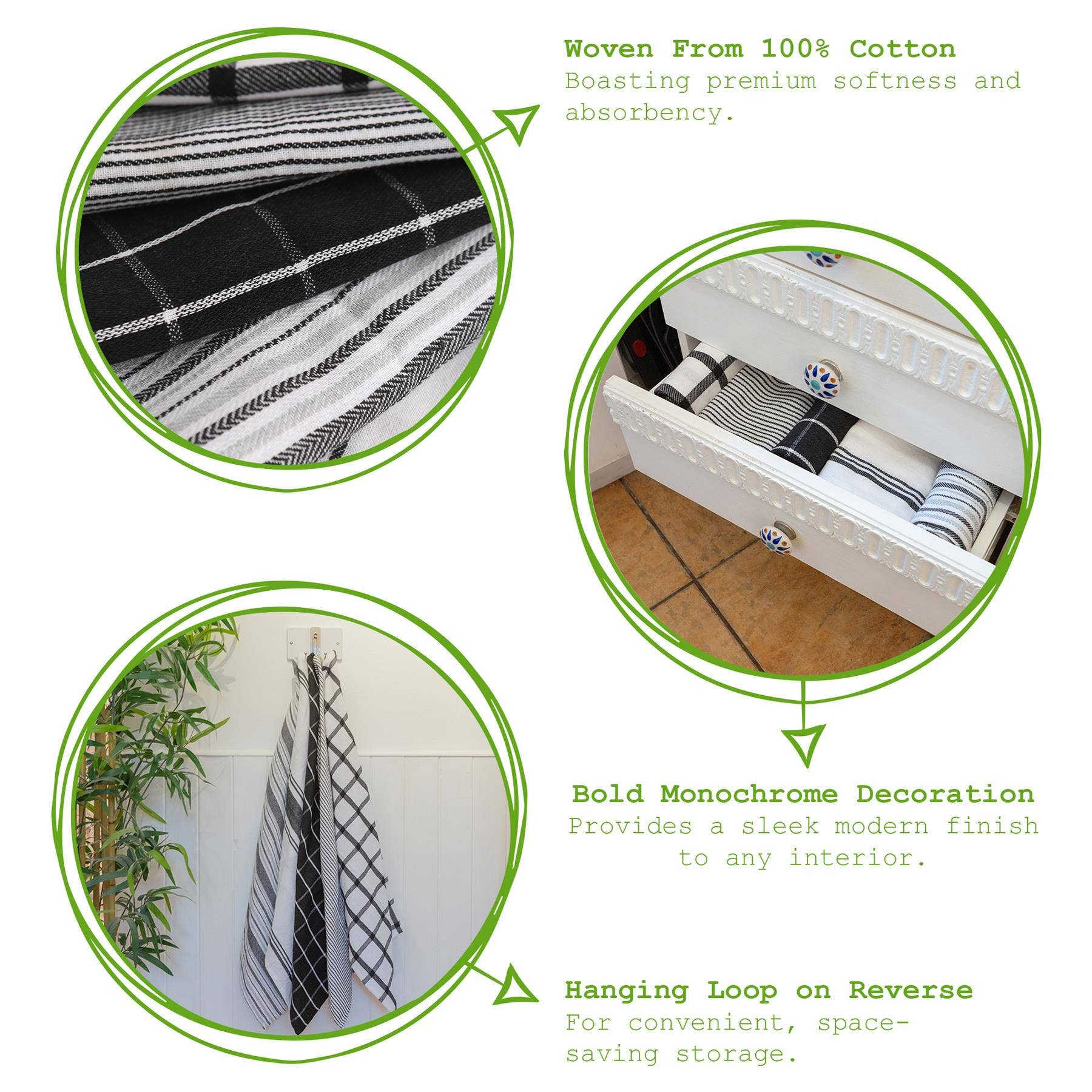 Rinkit Ltd - Wholesale Tea Towel - 5pc Monochrome Cotton Tea Towel Set - 70cm x 50cm3