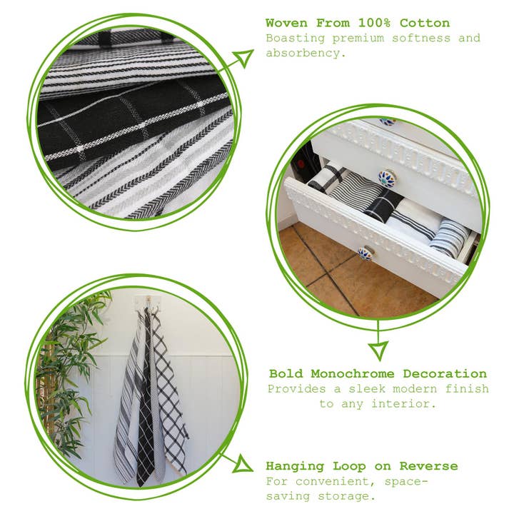 Rinkit Ltd - Wholesale Tea Towel - 5pc Monochrome Cotton Tea Towel Set - 70cm x 50cm3