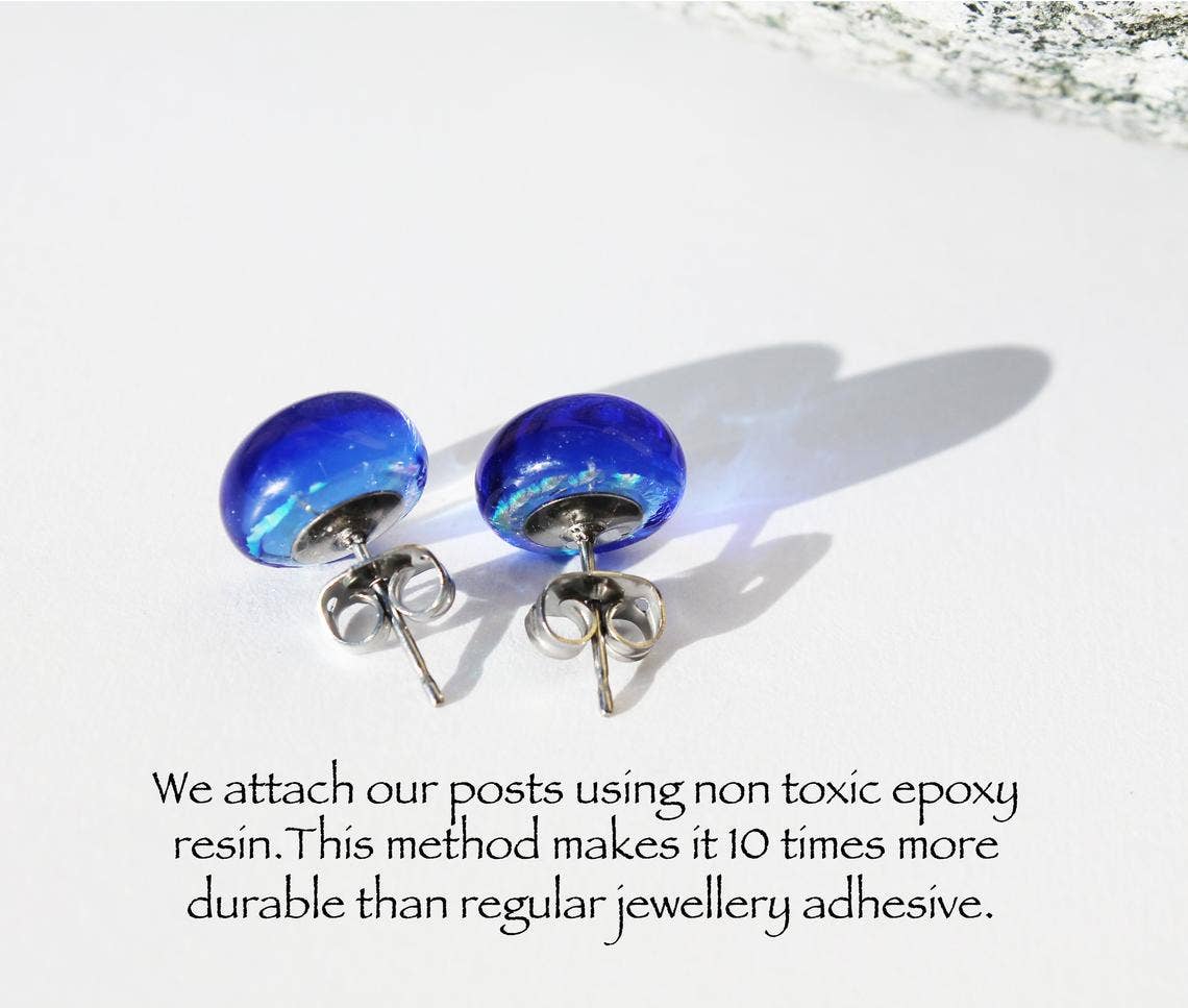 Flame Work Designs - Glass Jewelry - Wholesale Stud/Post Earrings - Dichroic Glass Studs - Cobalt Blue - 9mm3