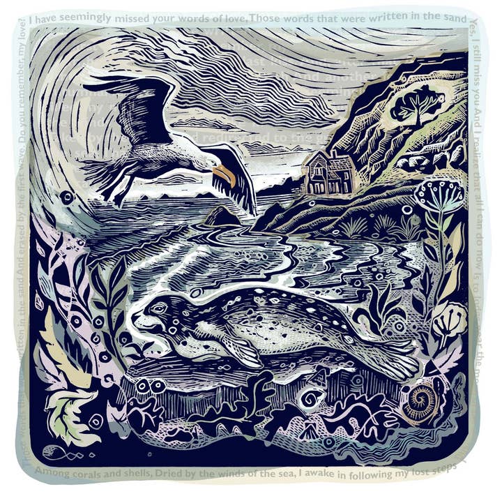 Jamie Poole – wholesale Art print – Among Corals and Shells (Seal) Limited Lino Print0