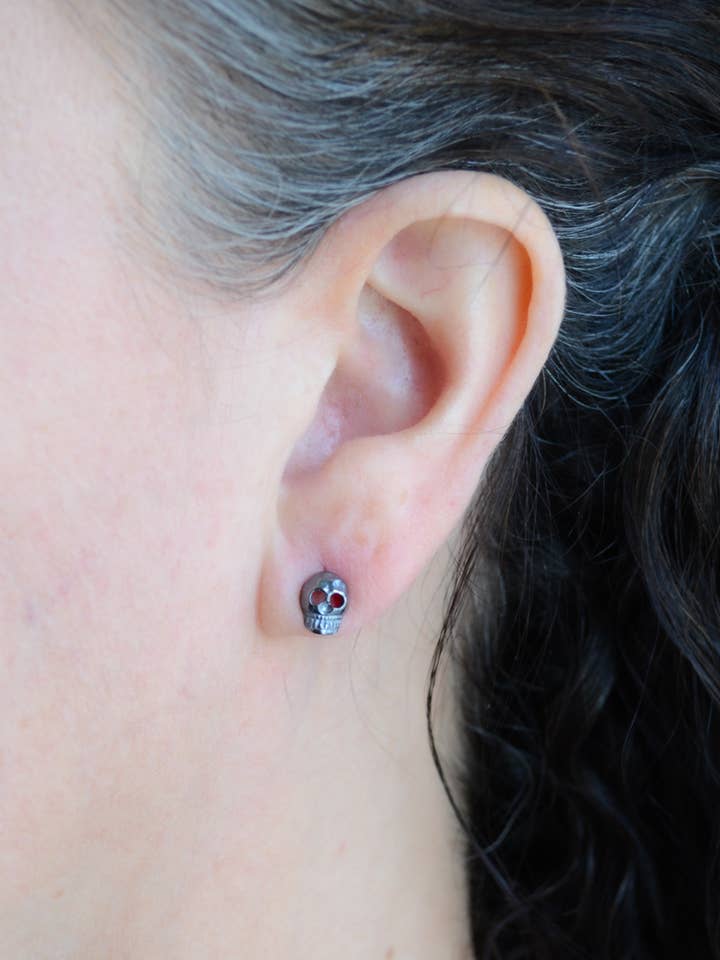 Dark rhodium plated 3D skull studs for wholesale by AJS Design Studio