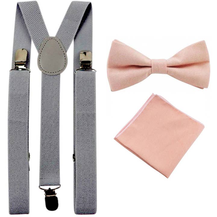 Set Papillon in Cotone Rosa Blush Romeo, Fazzoletto da Taschino e Bretelle Grigio Ardesia per Adulti per la vendita all'ingrosso da parte di Dickie Bow