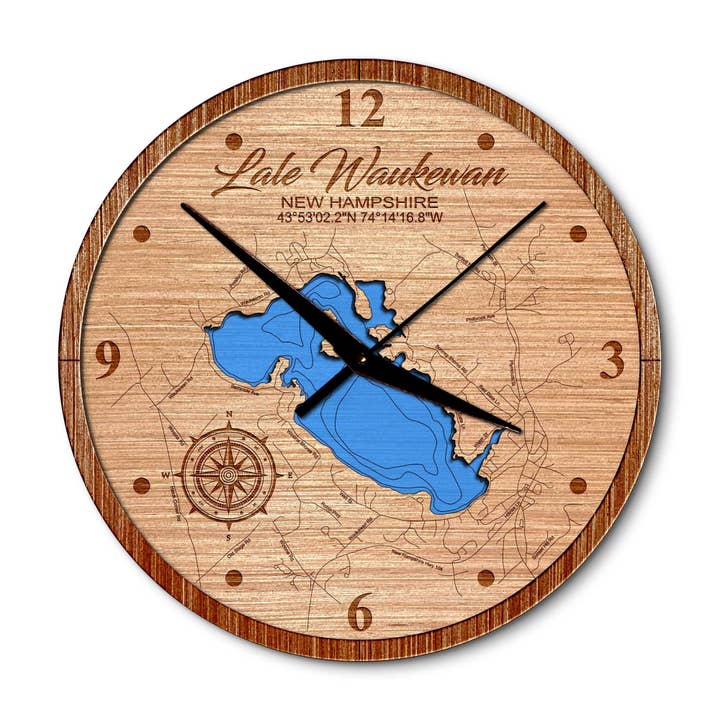 Lake Waukewan Layered Map Clock - Any Water Body for wholesale by Premier Gifts and More