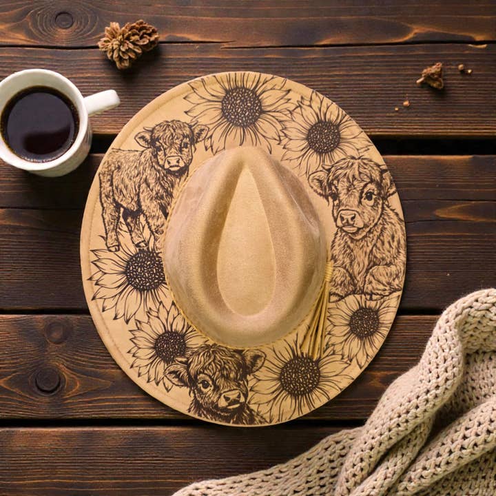 Sunflowers & Highland Cows Engraved Fedora Vegan Suede Hat for wholesale by The Kustom Edge