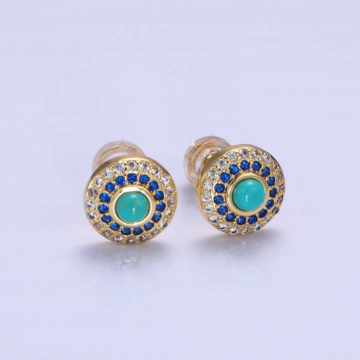 Aim Eternal - Wholesale Stud/Post Earrings - 14K Gold Filled Turquoise Gemstone Micro CZ Round Earrings