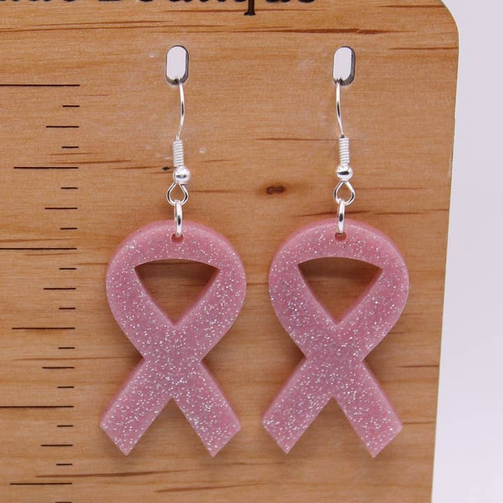 Lt Pink Glitter Ribbon Borstkankerbewustzijn || Bengelende oorbellen voor wholesale door Hylidae Boutique
