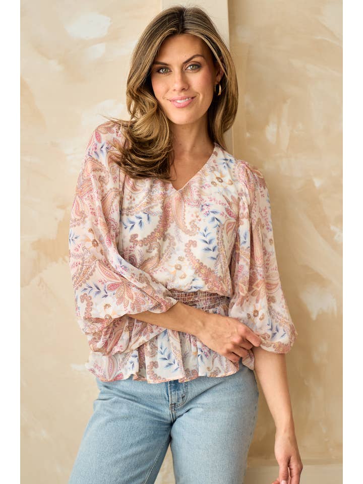 Ivory Plus dramatic bubble three quarter sleeve peplum top-PIT6615 for wholesale on Faire