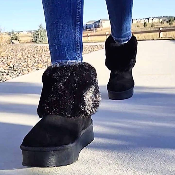 Women's Platform Booties Faux Suede Fur Lining Pull On Cuff Boots Black Suede for wholesale by SOBEYO