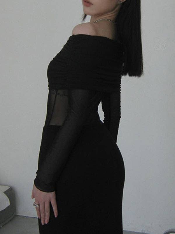 BLACK Long Sleeves Skinny Pleated See-Through Solid Color Split-Joint Off-The-Shoulder Evening Dresses Maxi Dresses for wholesale on Faire3