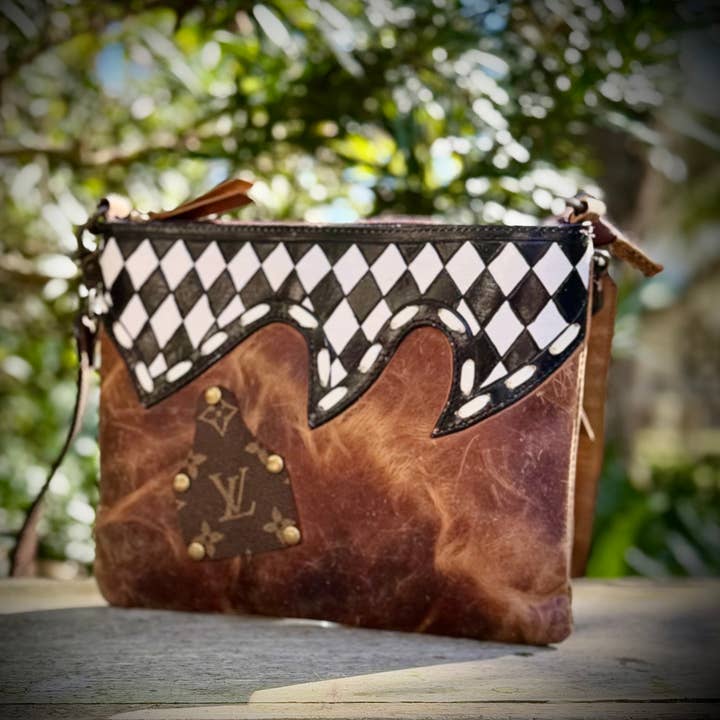 Upcycled LV Black White Checkered Leather Crossbody Handbag for wholesale by Southern Junkie Gypsy Boutique