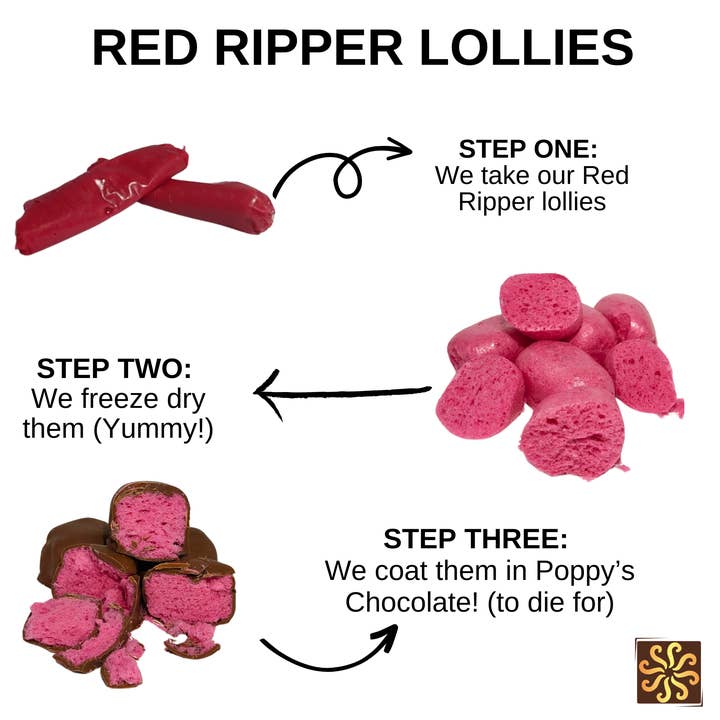 Poppy's Chocolate - Wholesale Chocolate-covered sweets - Frochies Red Ripper chocolate coated freeze dried lollies6
