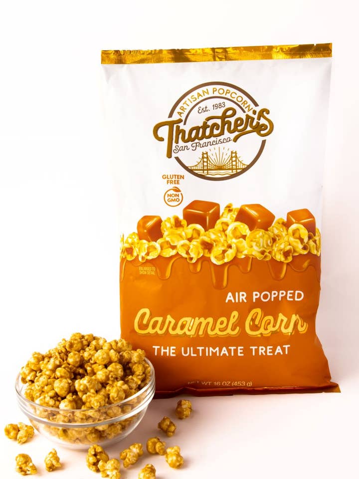 CARAMEL CORN LARGE POUCH GOURMET POPCORN 16 OZ for wholesale by Thatcher's Gourmet Popcorn