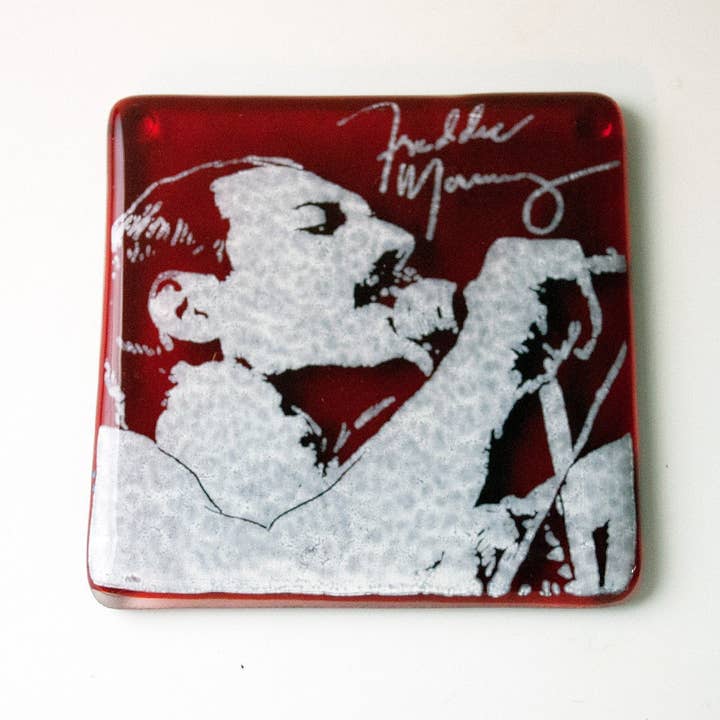 Freddie Mercury Fused Glass 4" Single Coaster for wholesale by Kiku Handmade | Contemporary Fused Glass Home Goods