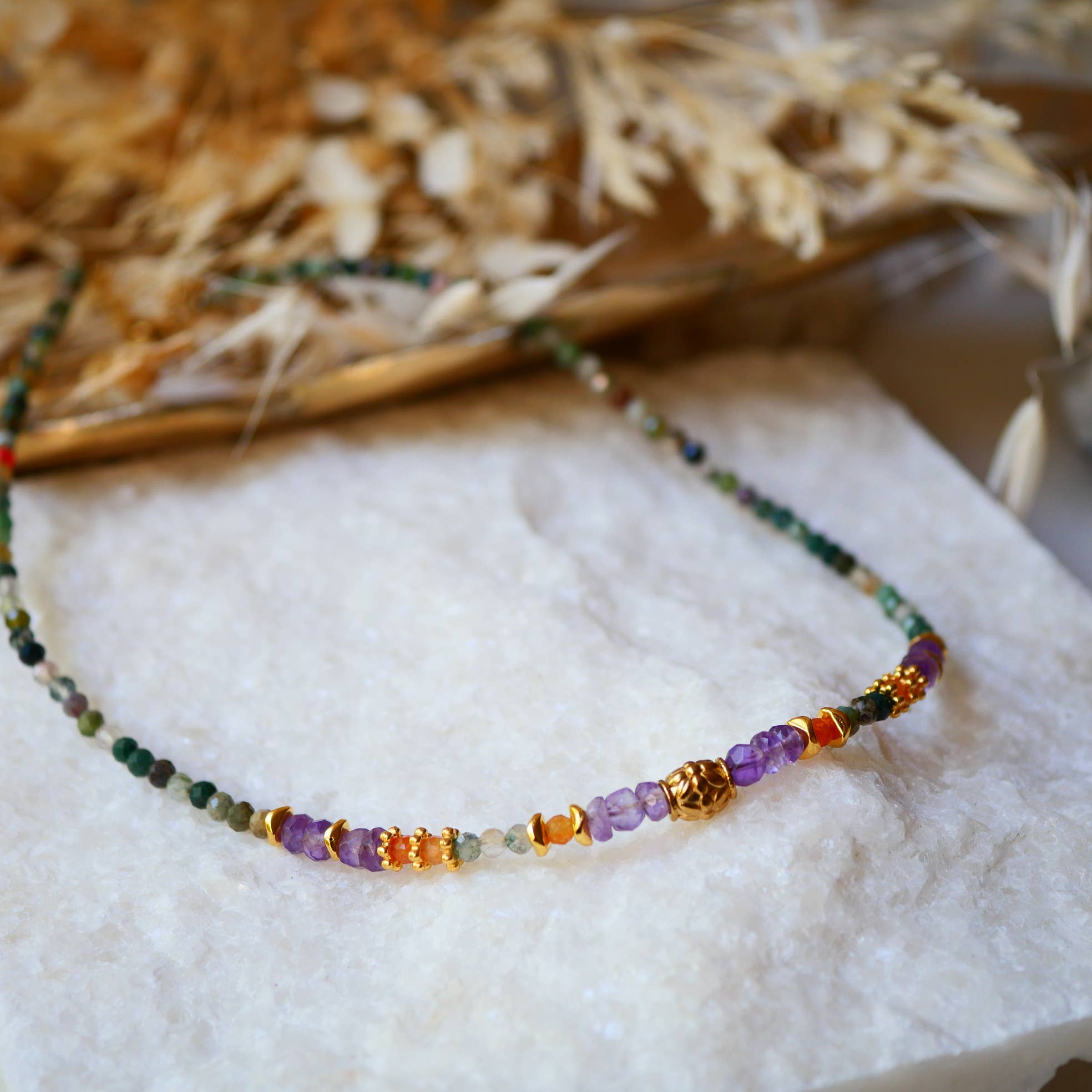 GINANDGER – Colar com missangas/pérolas por atacado – Colar de aço inox com ágatas indianas e pingentes em ouro fino4