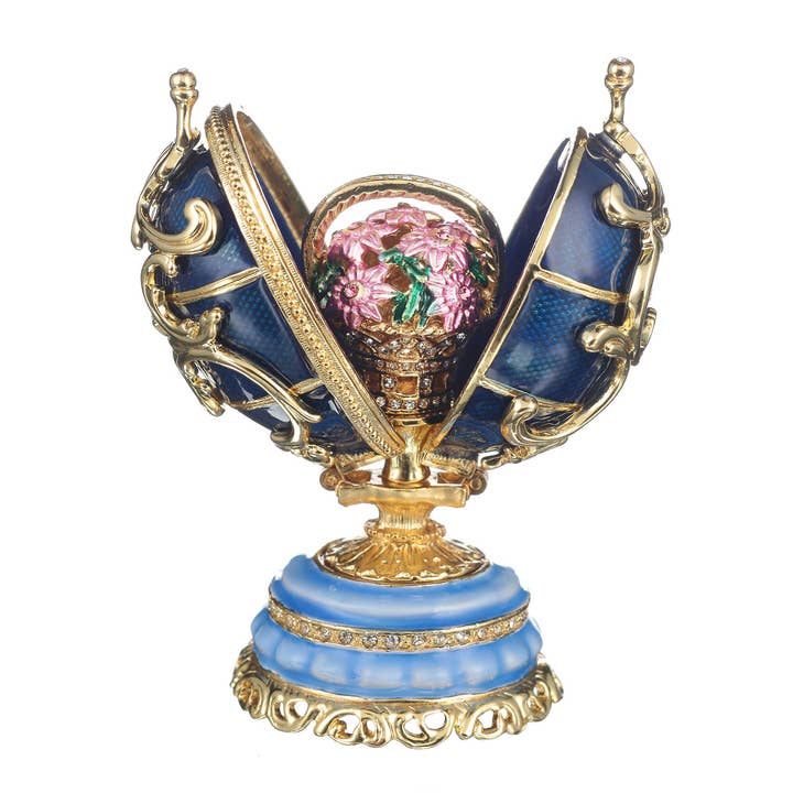 danila-souvenirs - Venta al por mayor Artículo decorativo de mesa - Huevo Faberge Spring Flowers con cesta de flores azul