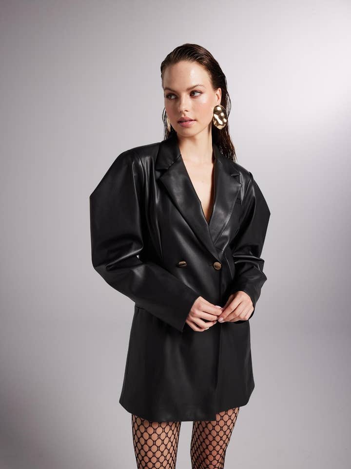 Chaqueta blazer Dealer de piel vegana negra para venta al por mayor de Buy Me Fur