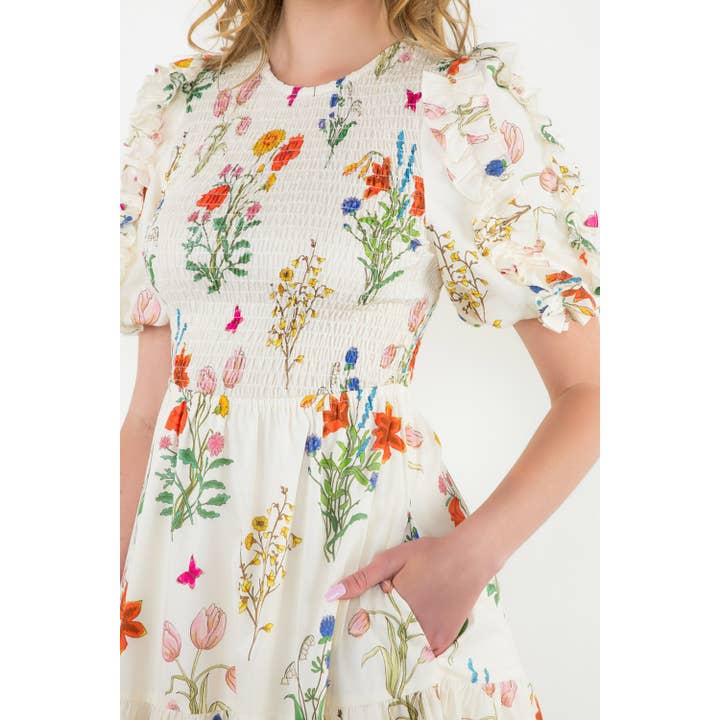 CREAM Smocked Puff Sleeve Floral Maxi Dress for wholesale on Faire