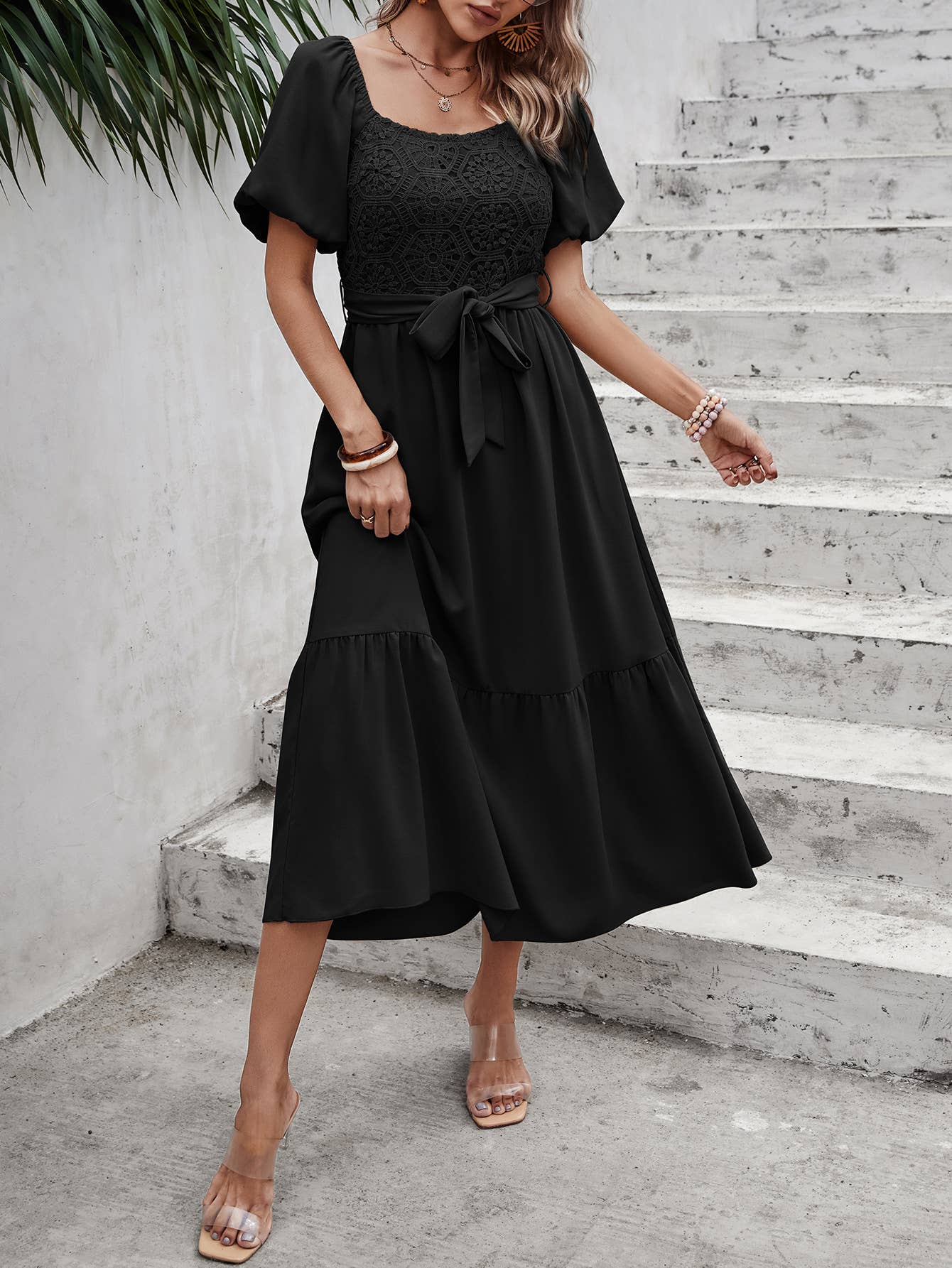 eLook - Wholesale Jurk - Dames - SZ1-DR1008 Midi-jurk met haakdetails en pofmouwen en riem16