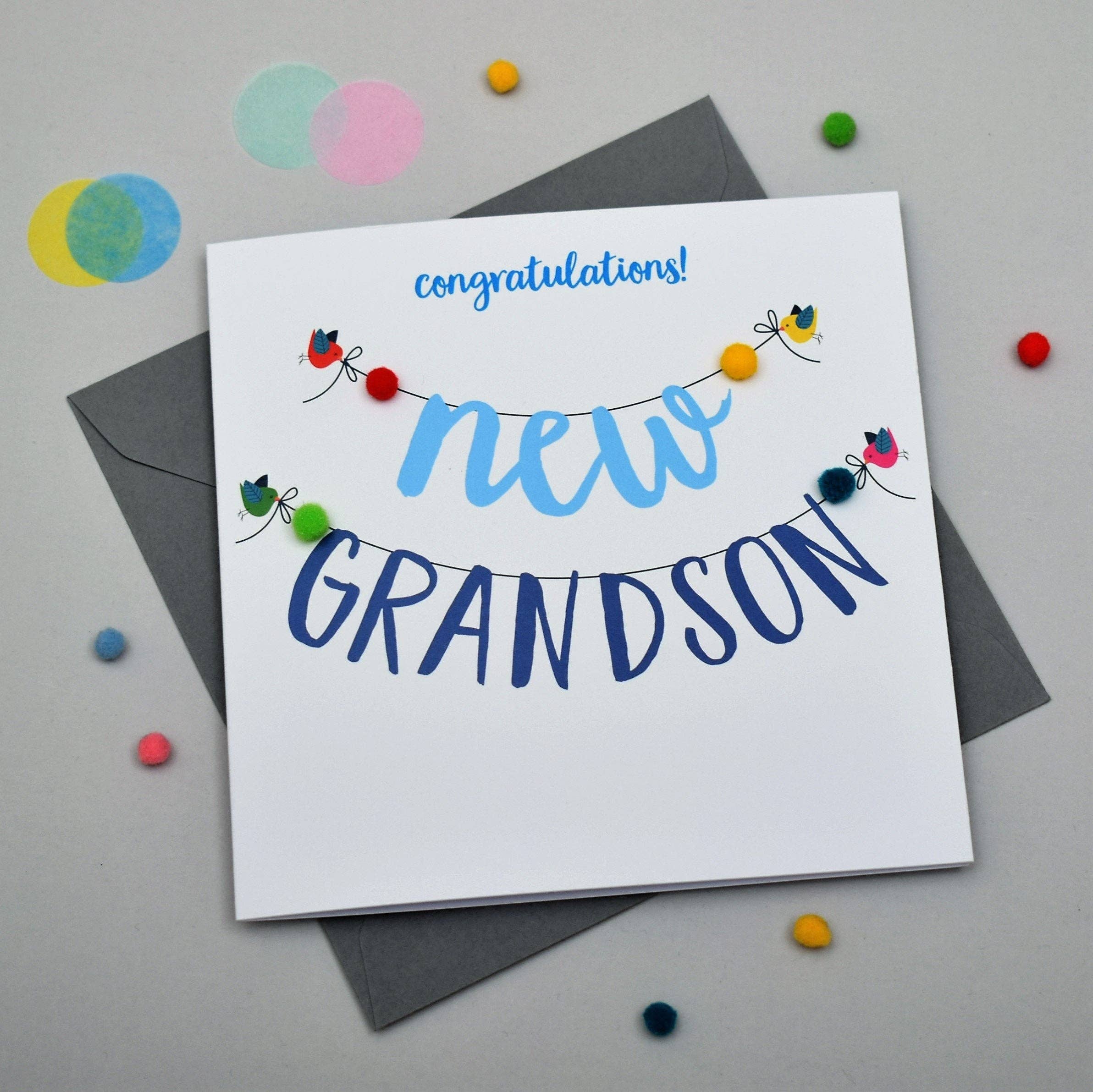 Claire Giles Ltd - Wholesale Baby Card - Baby Card, Banner, Congratulations! New Grandson, Embellished with pompoms2