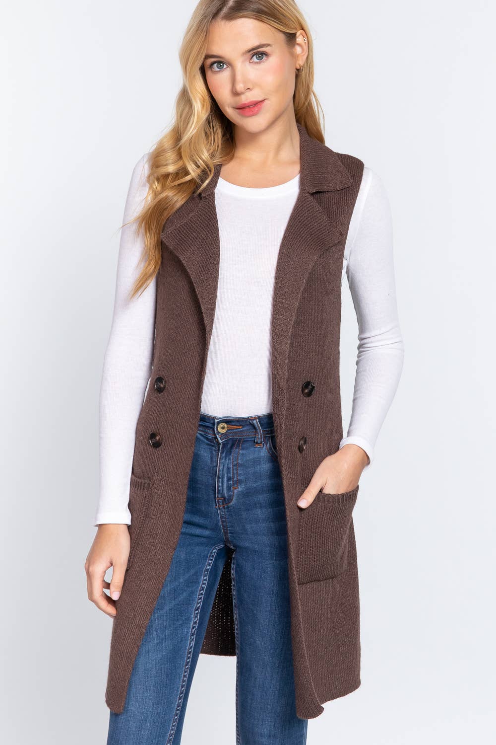 Active Basic | Active USA - Wholesale Outerwear Vest - Women's - Sleeveless Notched Collar Long Sweater Vest30