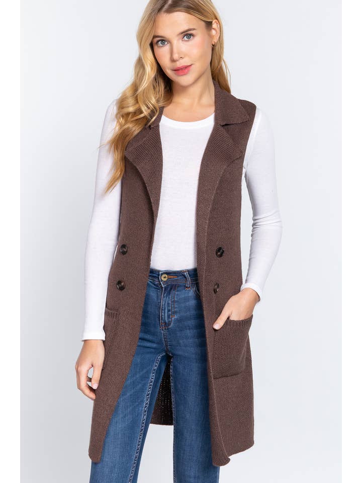 42POPS - Wholesale Outerwear Vest - Women's - ,_.._ SI-15549 Notched Collar With Side Pocket Long Sweater2