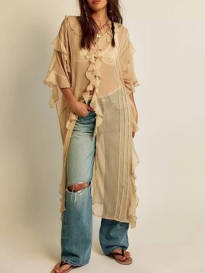 Rosa Clothing - Wholesale Jacket - Women's - Boho lightweight sheer ruffle maxi top duster kimono jacket14