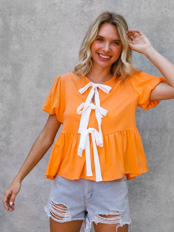 Kori America - Wholesale Blouse - Women's - PUFF SHORT SLEEVE GAME DAY BABYDOLL TOP