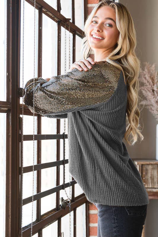 HEIMISH – wholesale Sweatshirt – Women's – ET6837-10 SOLID WAFFLE AND SEQUINS TOP1