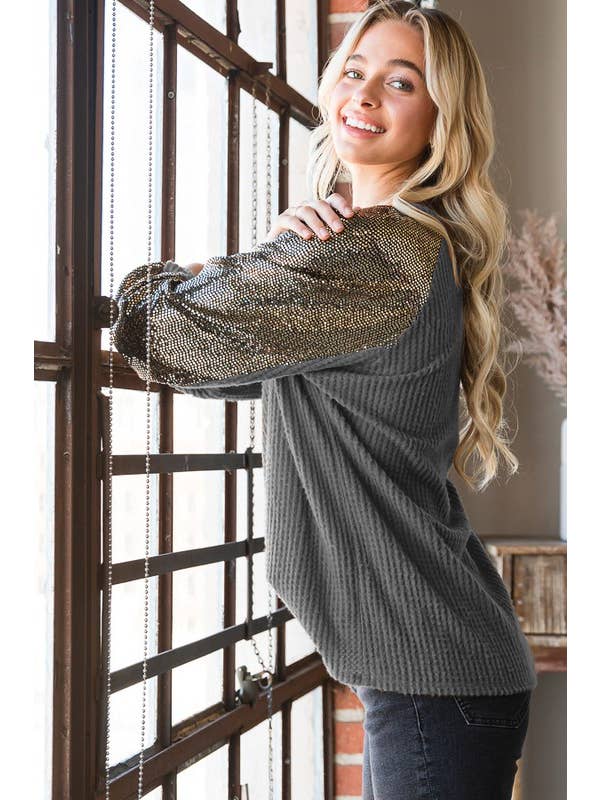 HEIMISH – wholesale Sweatshirt – Women's – ET6837-10 SOLID WAFFLE AND SEQUINS TOP1